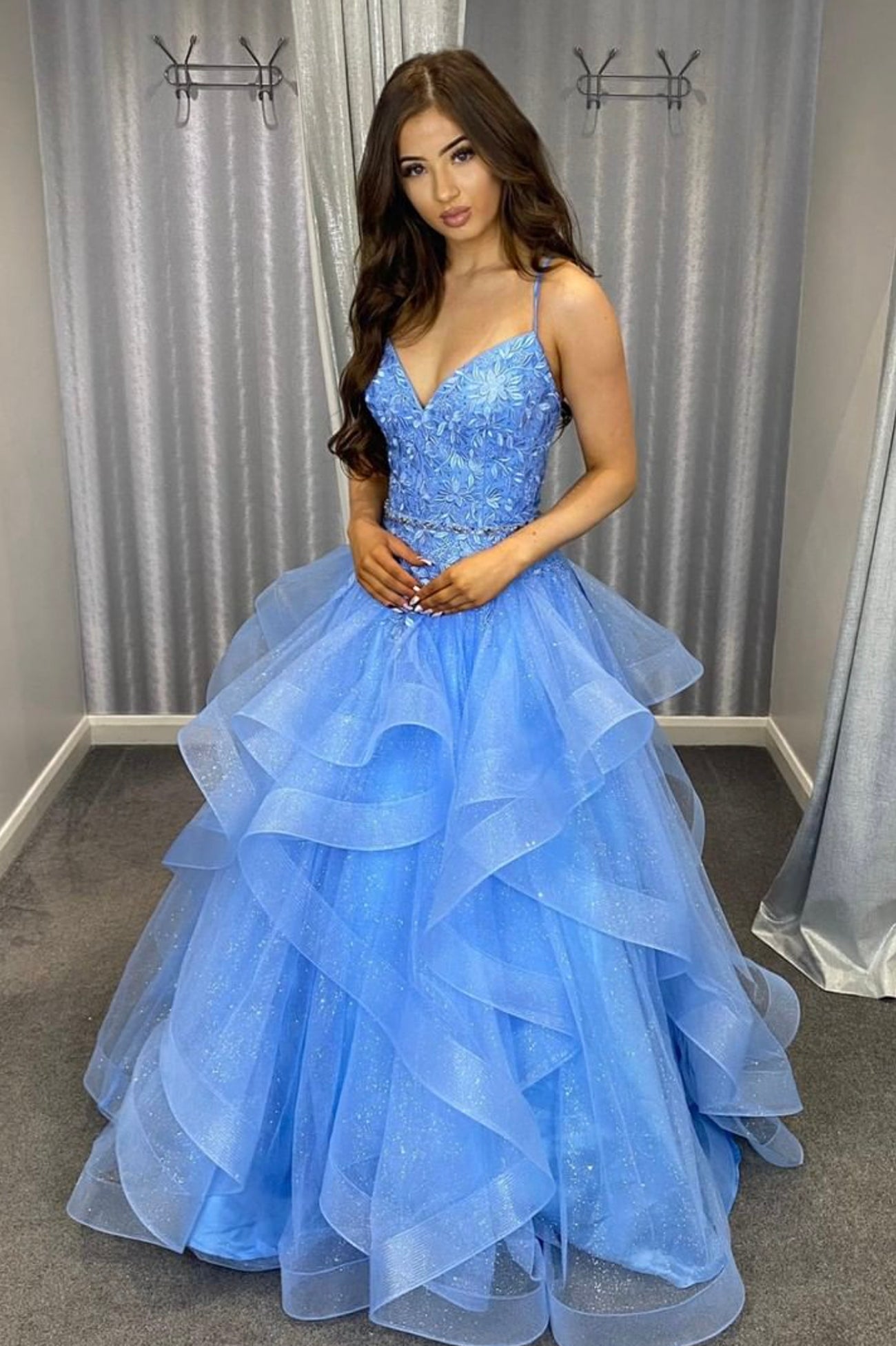 Blue Spaghetti Strap Lace Long A-Line Ball Gown