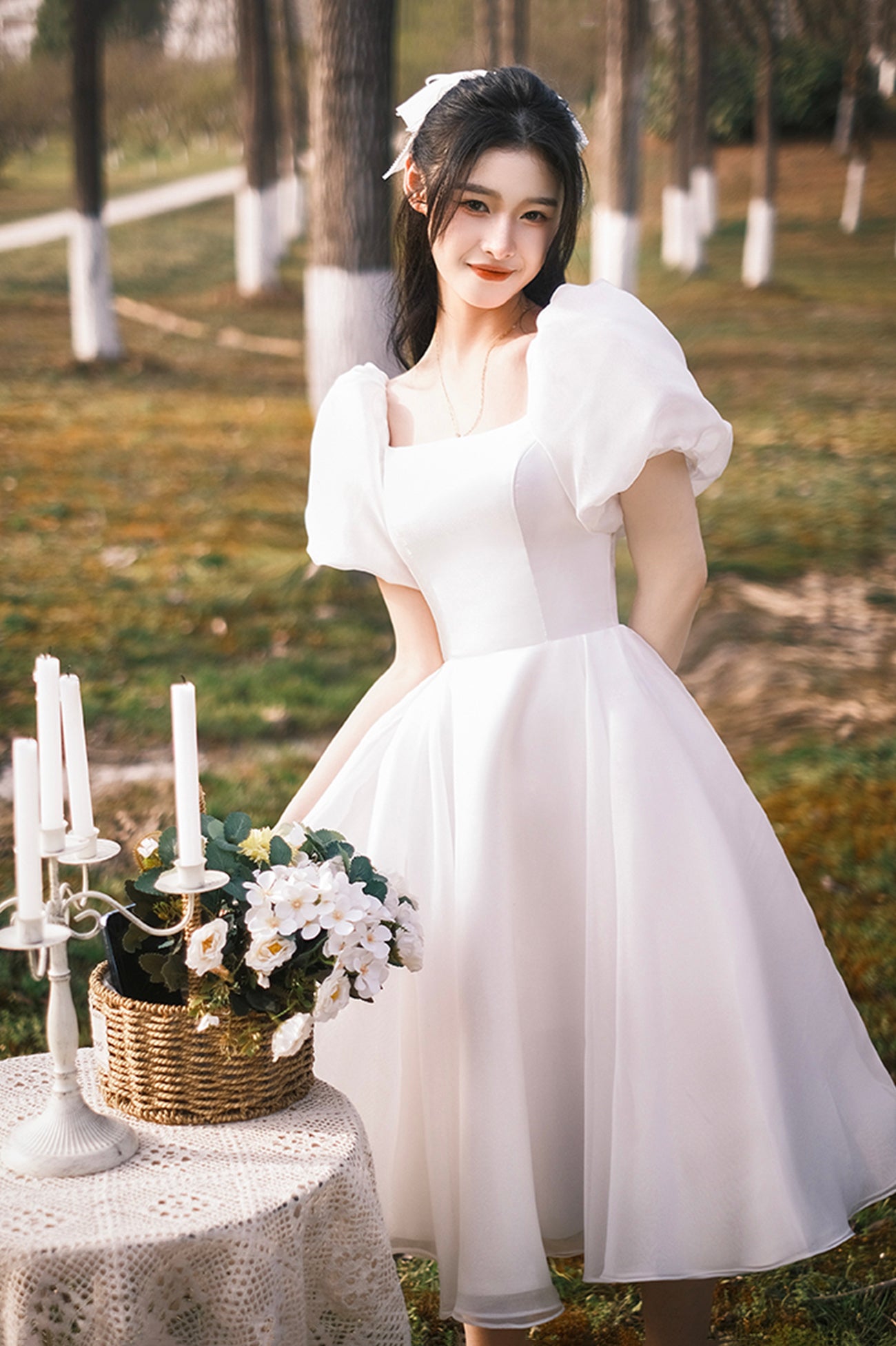 White Tulle Knee Length Prom Dress, A-Line Short Sleeve Evening Dress