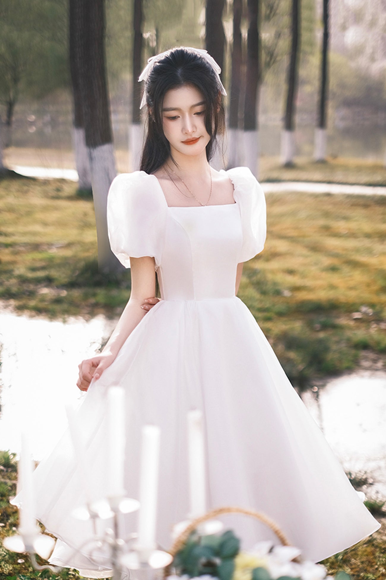 White Tulle Knee Length Prom Dress, A-Line Short Sleeve Evening Dress