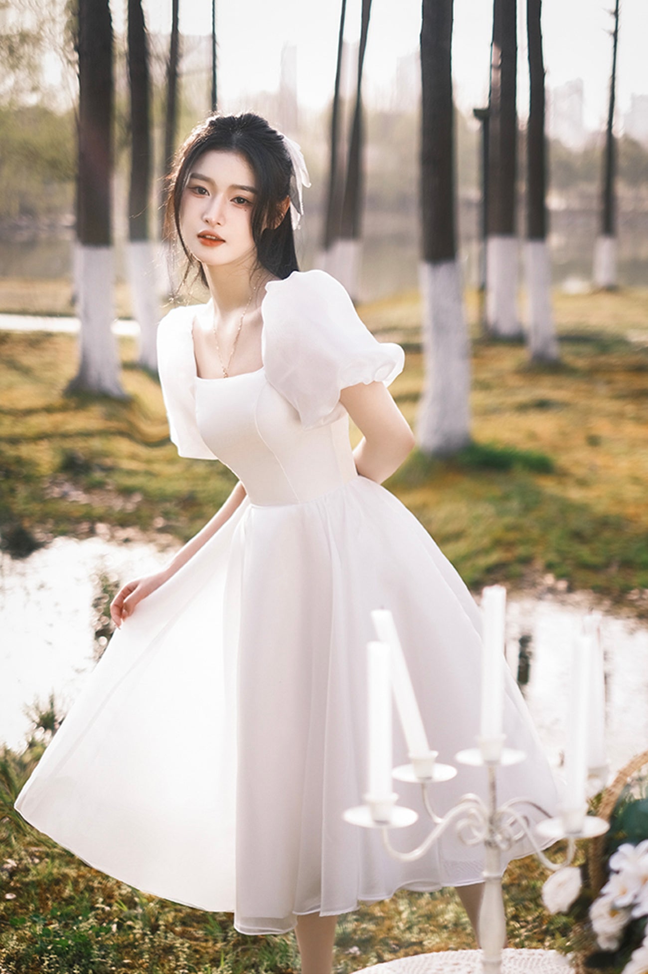 White Tulle Knee Length Prom Dress, A-Line Short Sleeve Evening Dress