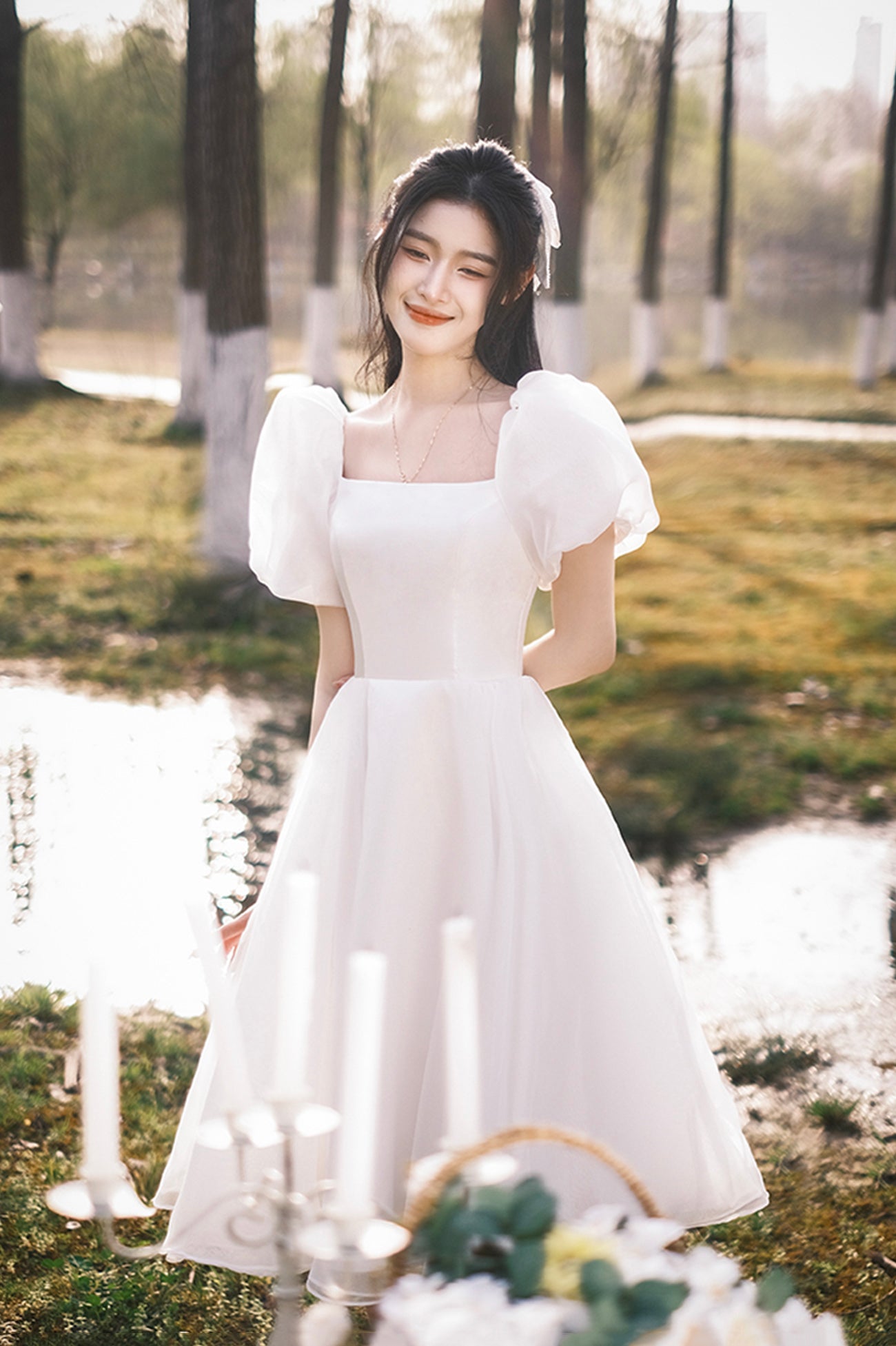 White Tulle Knee Length Prom Dress, A-Line Short Sleeve Evening Dress