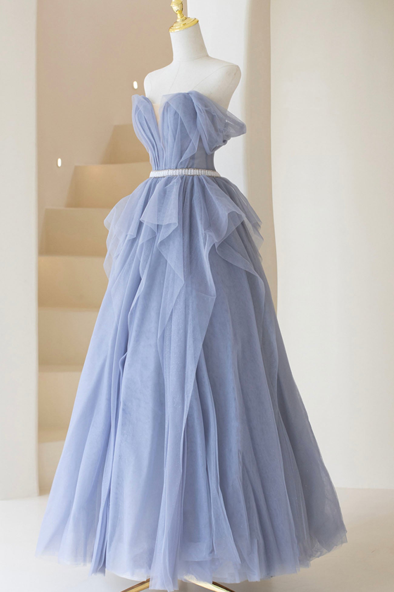 Blue Tulle Long Prom Dress, A-Line Off the Shoulder Evening Dress