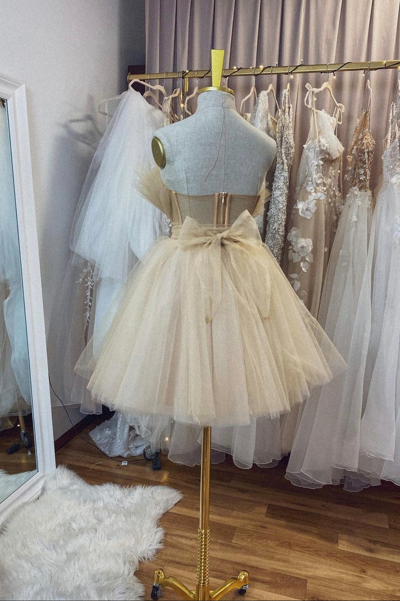 Cute Tulle Short Prom Dress, Champagne A-Line Evening Party Dress