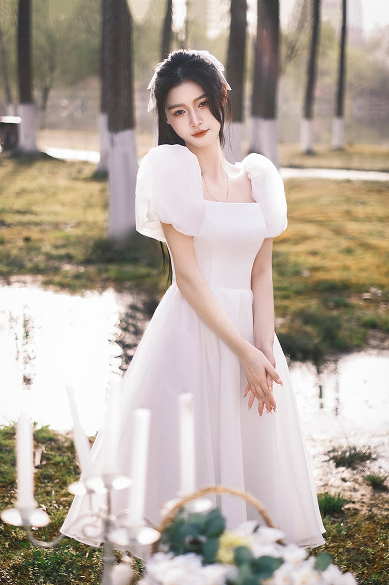 White Tulle Knee Length Prom Dress, A-Line Short Sleeve Evening Dress
