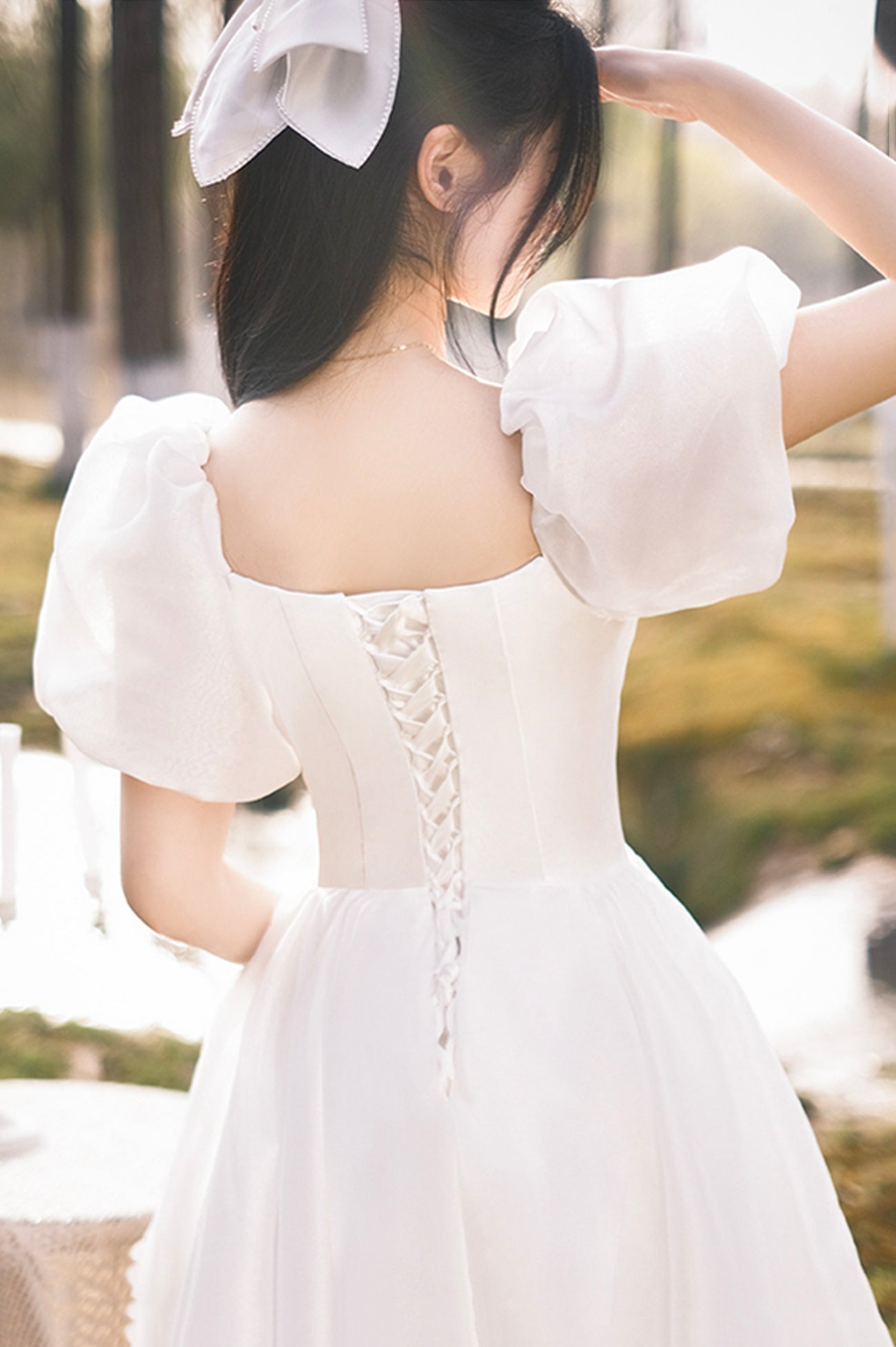 White Tulle Knee Length Prom Dress, A-Line Short Sleeve Evening Dress