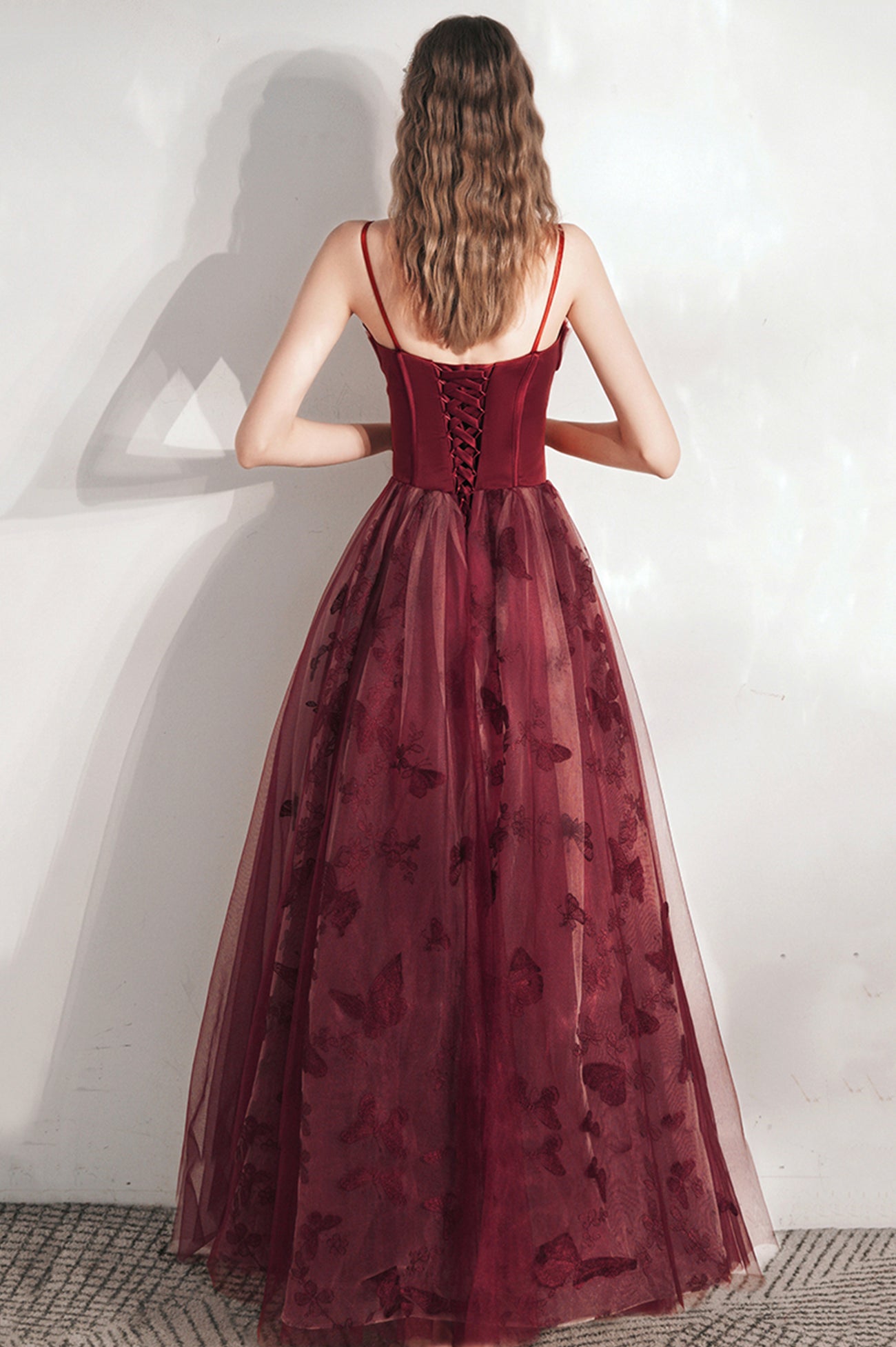 Burgundy Spaghetti Strap Tulle Long Prom Dress