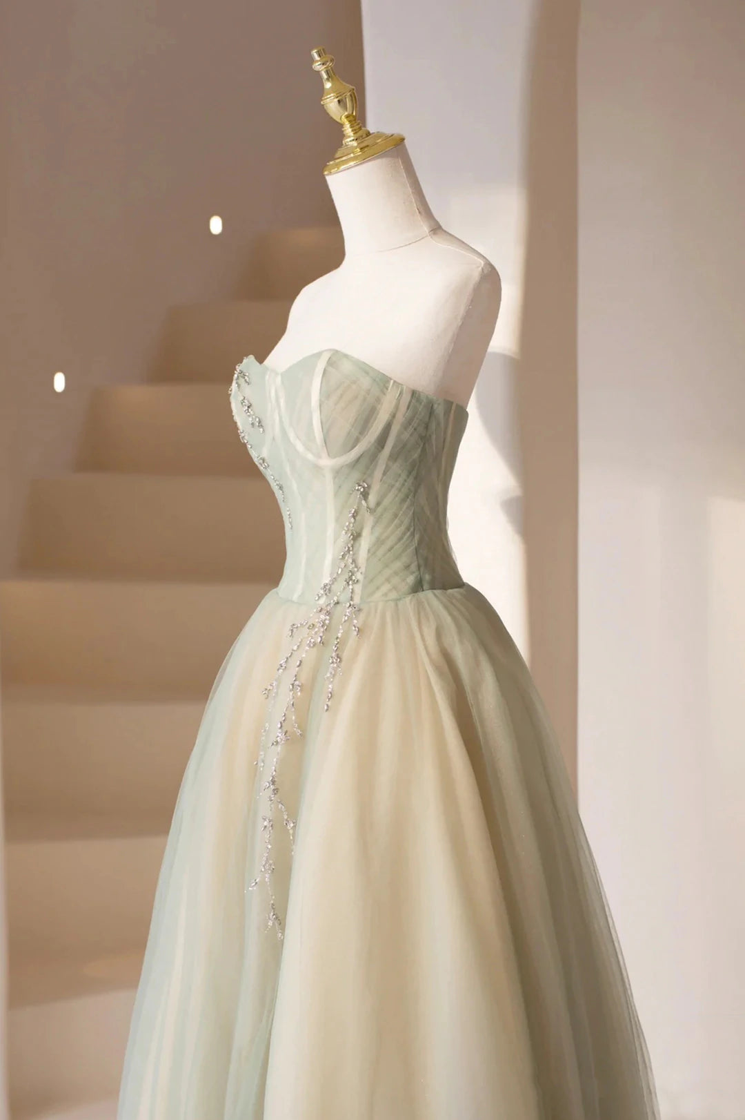 Green Strapless Tulle Long Prom Dress, Beautiful Sweetheart Neck Evening Dress