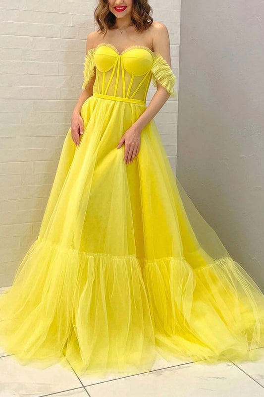 Yellow Tulle Floor Length Prom Dress with Corset