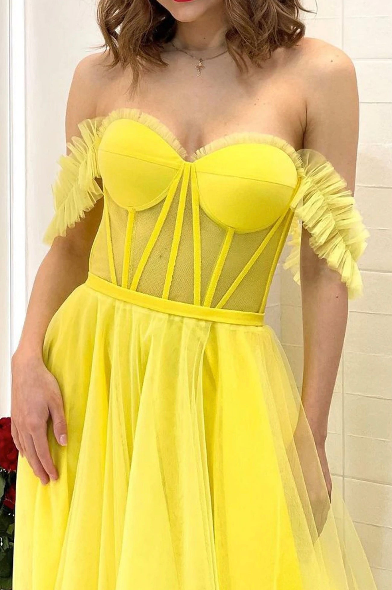 Yellow Tulle Floor Length Prom Dress with Corset