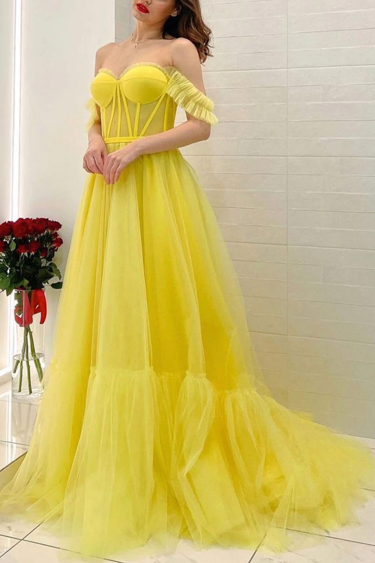 Yellow Tulle Floor Length Prom Dress with Corset