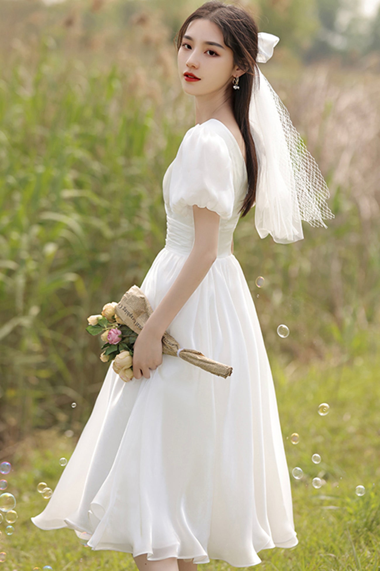White V-Neck Tulle Short A-Line Prom Dress