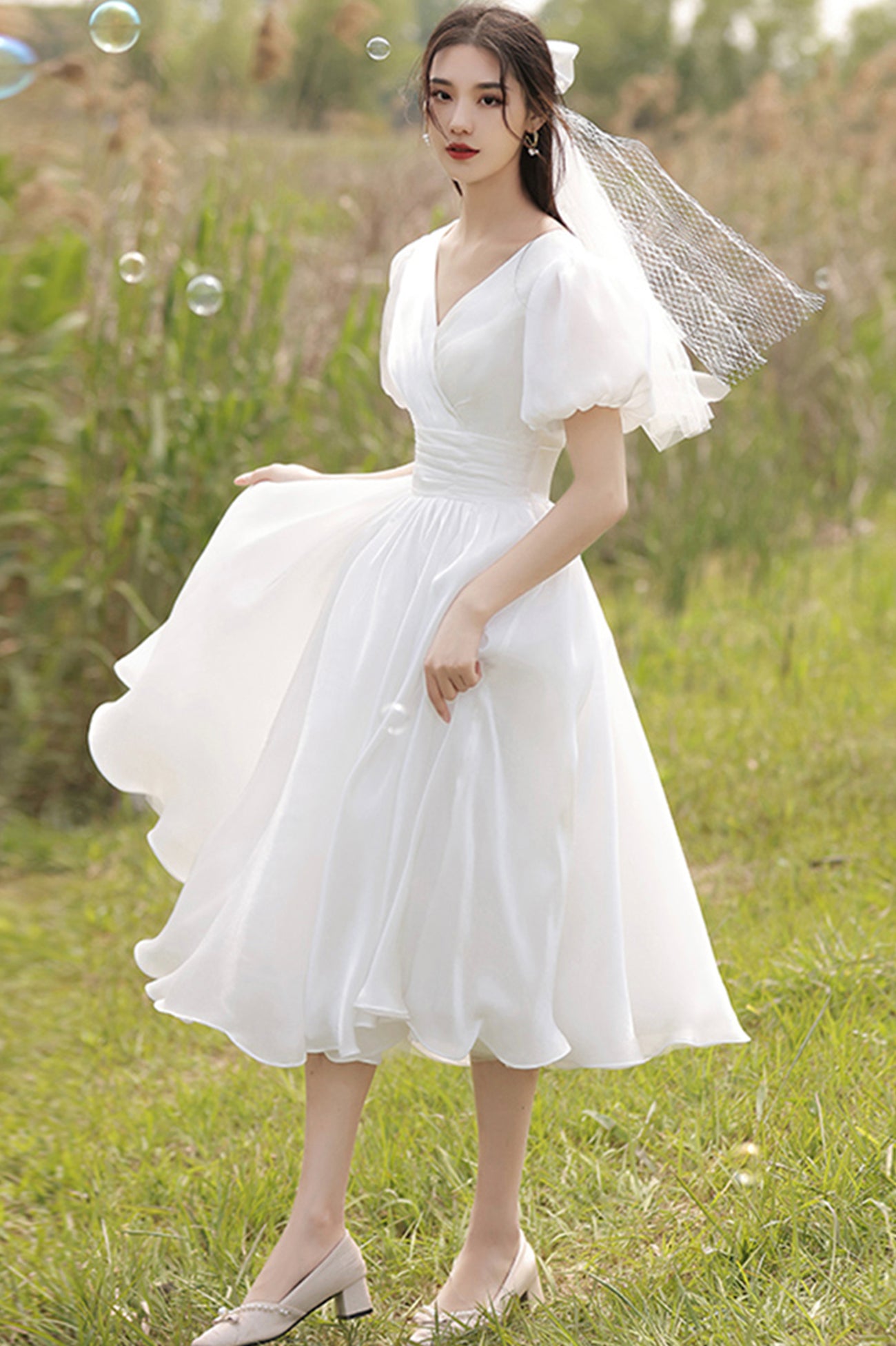 White V-Neck Tulle Short A-Line Prom Dress
