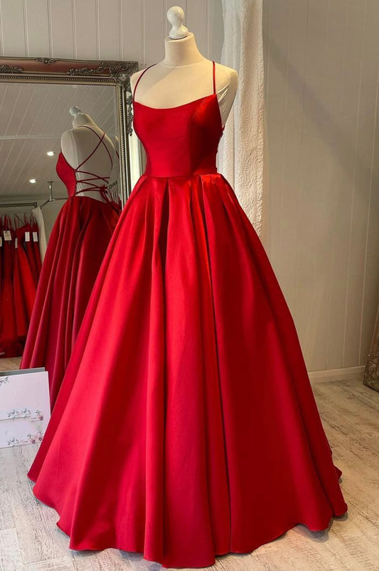 Red Spaghetti Strap Satin Long Prom Dress, A-Line Backless Evening Dress