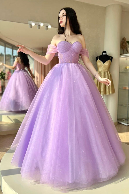 Purple Sweetheart Neck Tulle Long Prom Dress, A-Line Off Shoulder Evening Dress