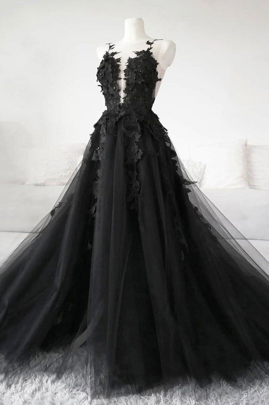 Black Tulle Lace Long Prom Dress, A-Line Black Evening Party Dress