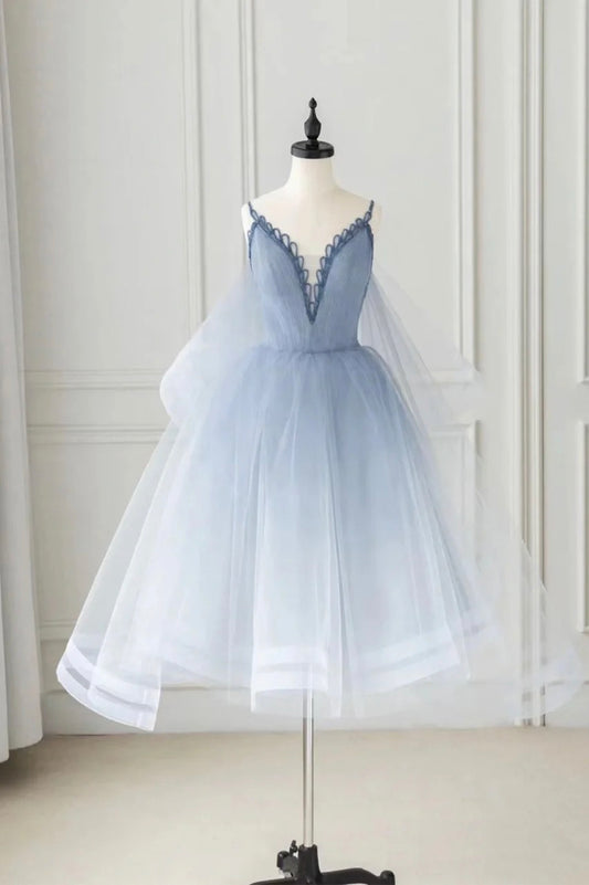 Cute Tulle Short A-Line Prom Dress, Spaghetti Strap V-Neck Evening Dress