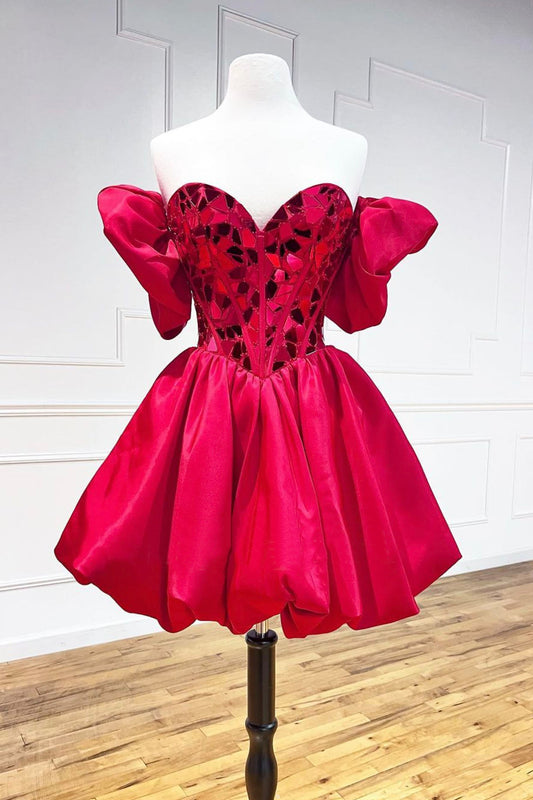 Red Satin Short A-Line Prom Dress, Red Mini Homecoming Dress