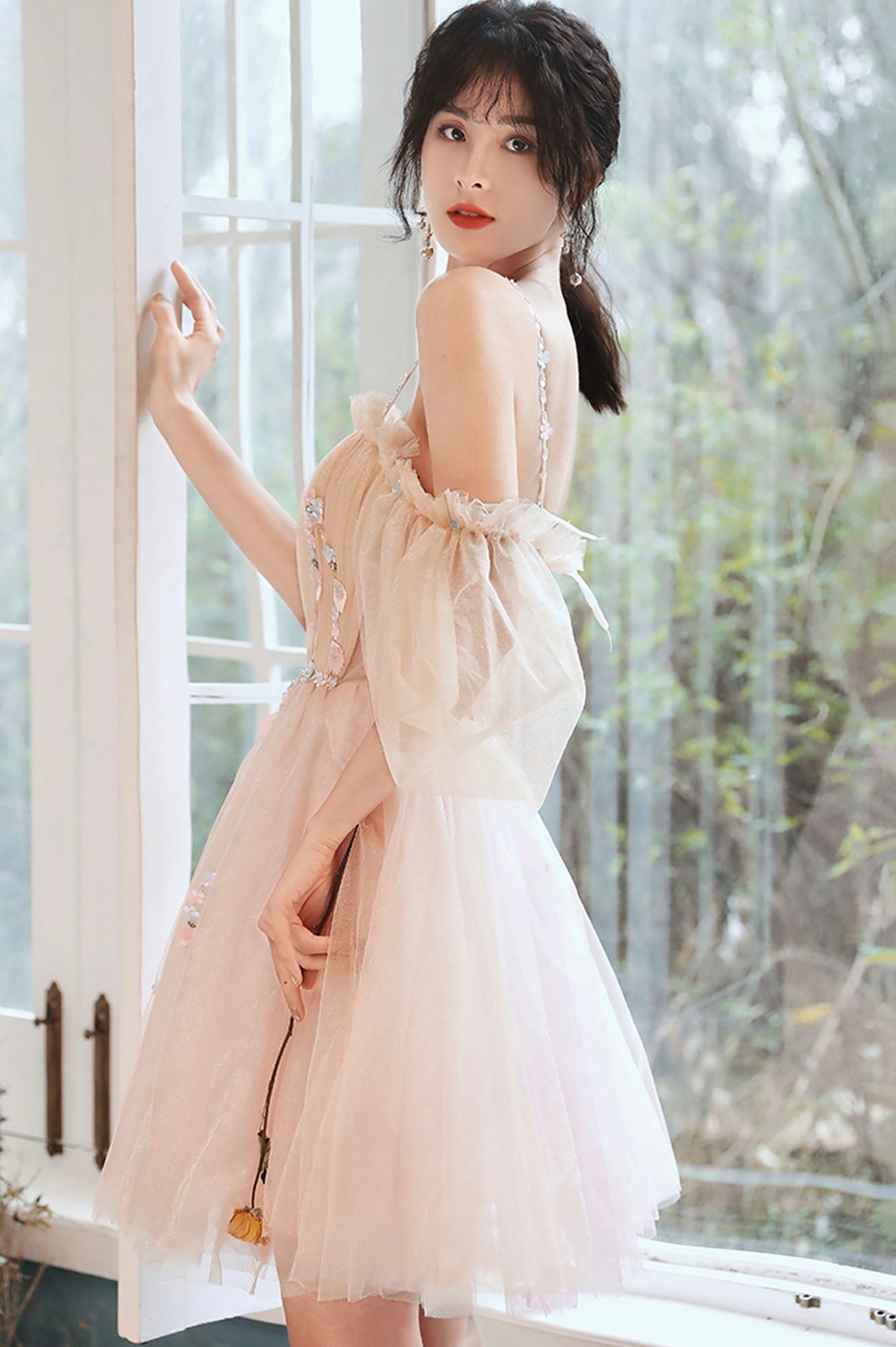 Cute Spaghetti Strap Tulle Short Prom Dress, A-Line Off the Shoulder Mini Party Dress