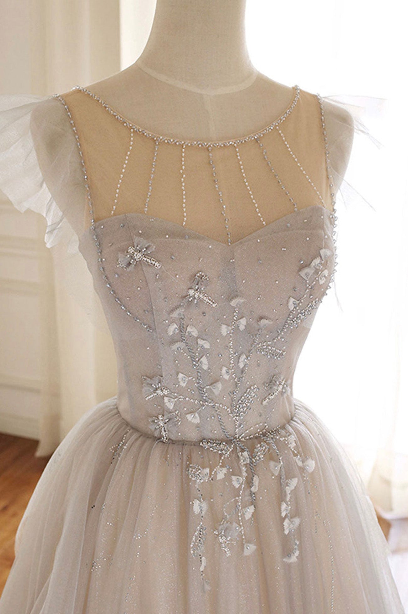 Gray Scoop Neckline Tulle Floor Length Prom Dress, Beautiful A-Line Evening Party Dress