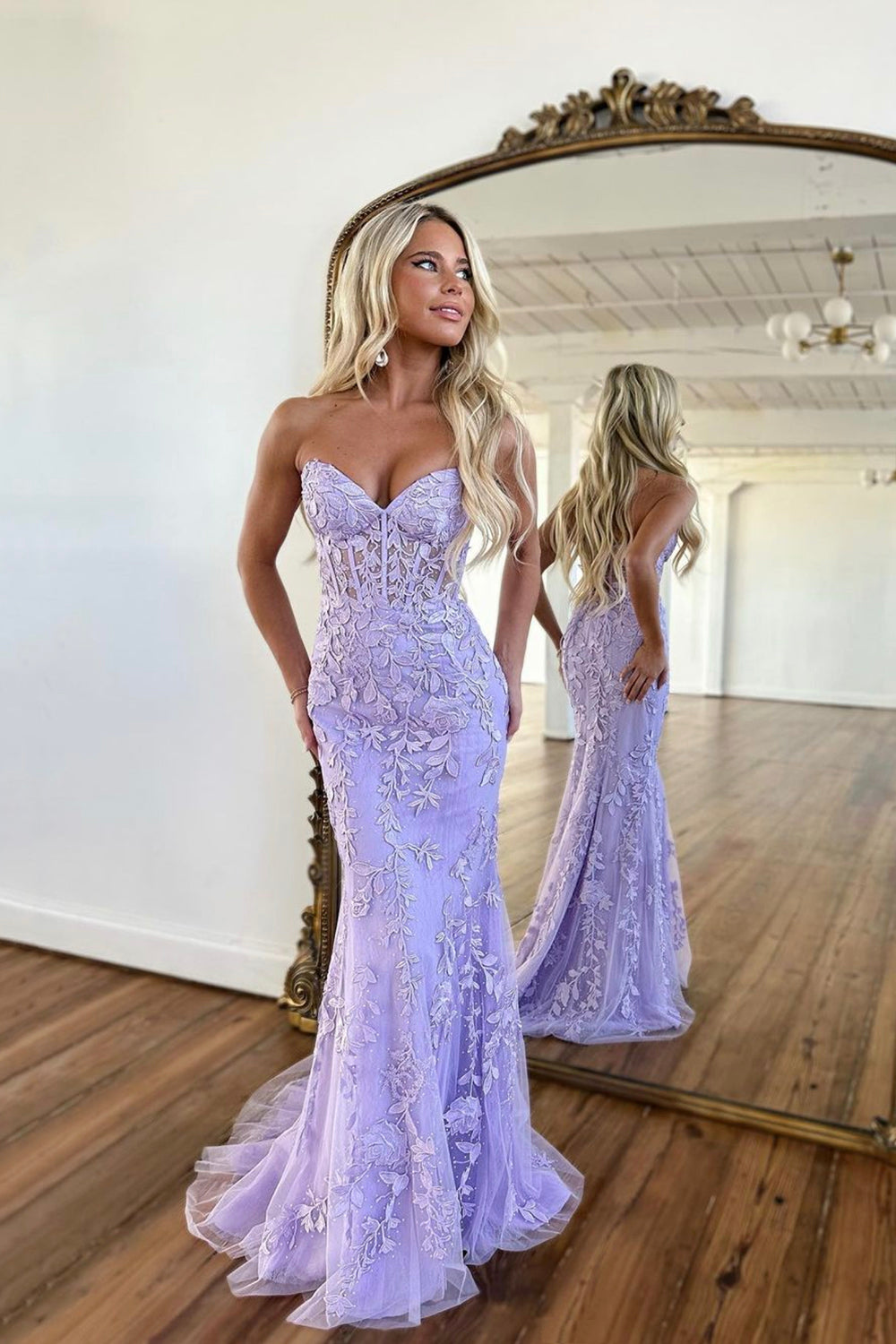 Purple Tulle Lace Long Prom Dress, Mermaid Strapless Evening Dress