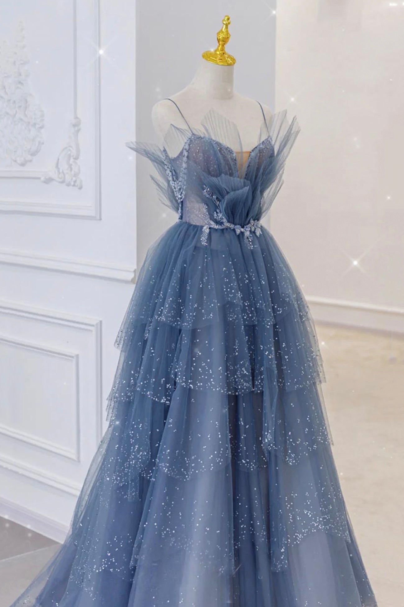Blue Spaghetti Strap Tulle Beaded Long Prom Dress