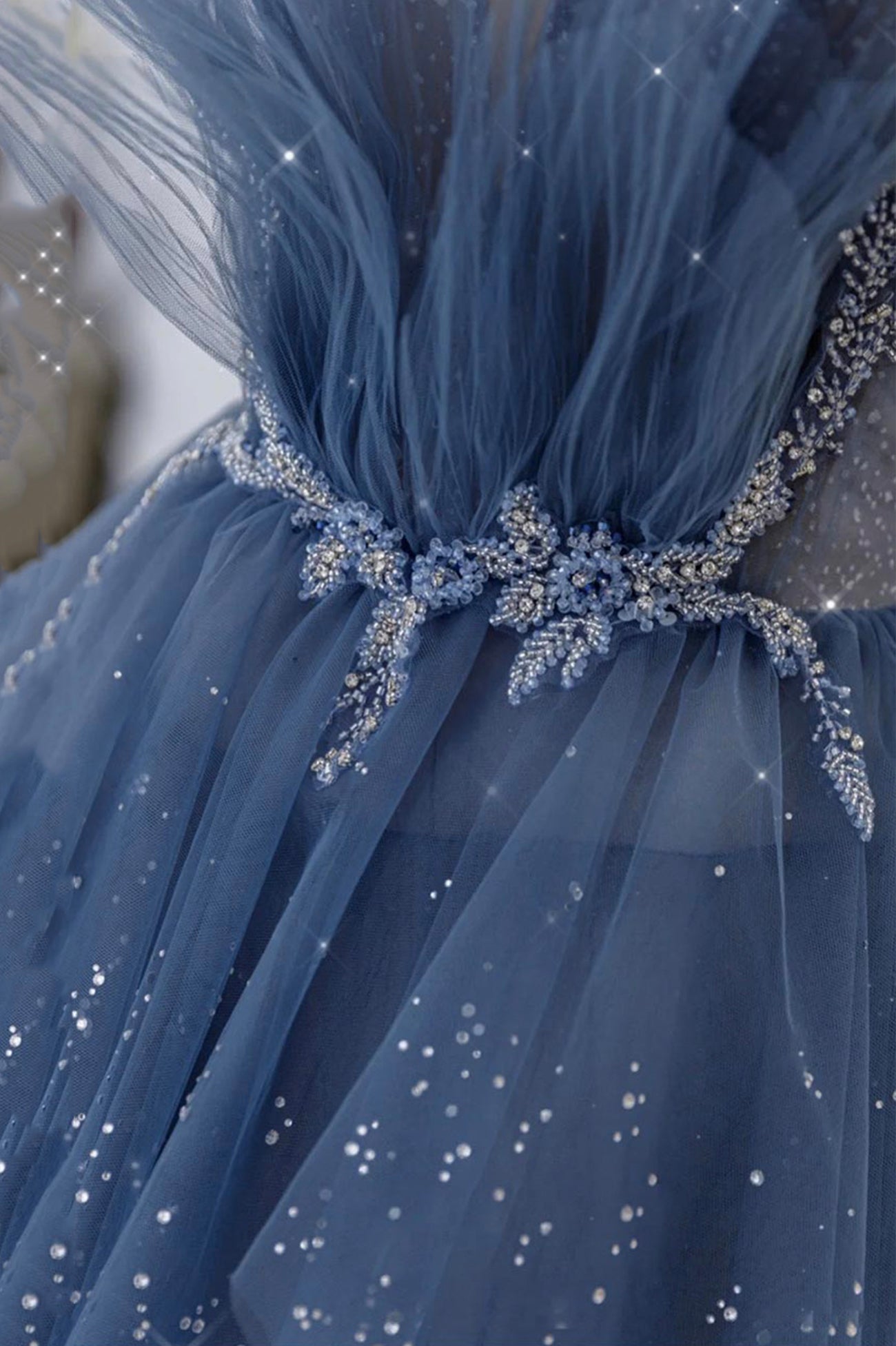 Blue Spaghetti Strap Tulle Beaded Long Prom Dress