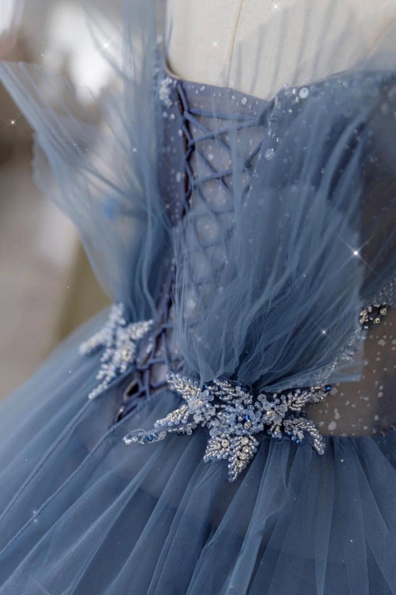 Blue Spaghetti Strap Tulle Beaded Long Prom Dress