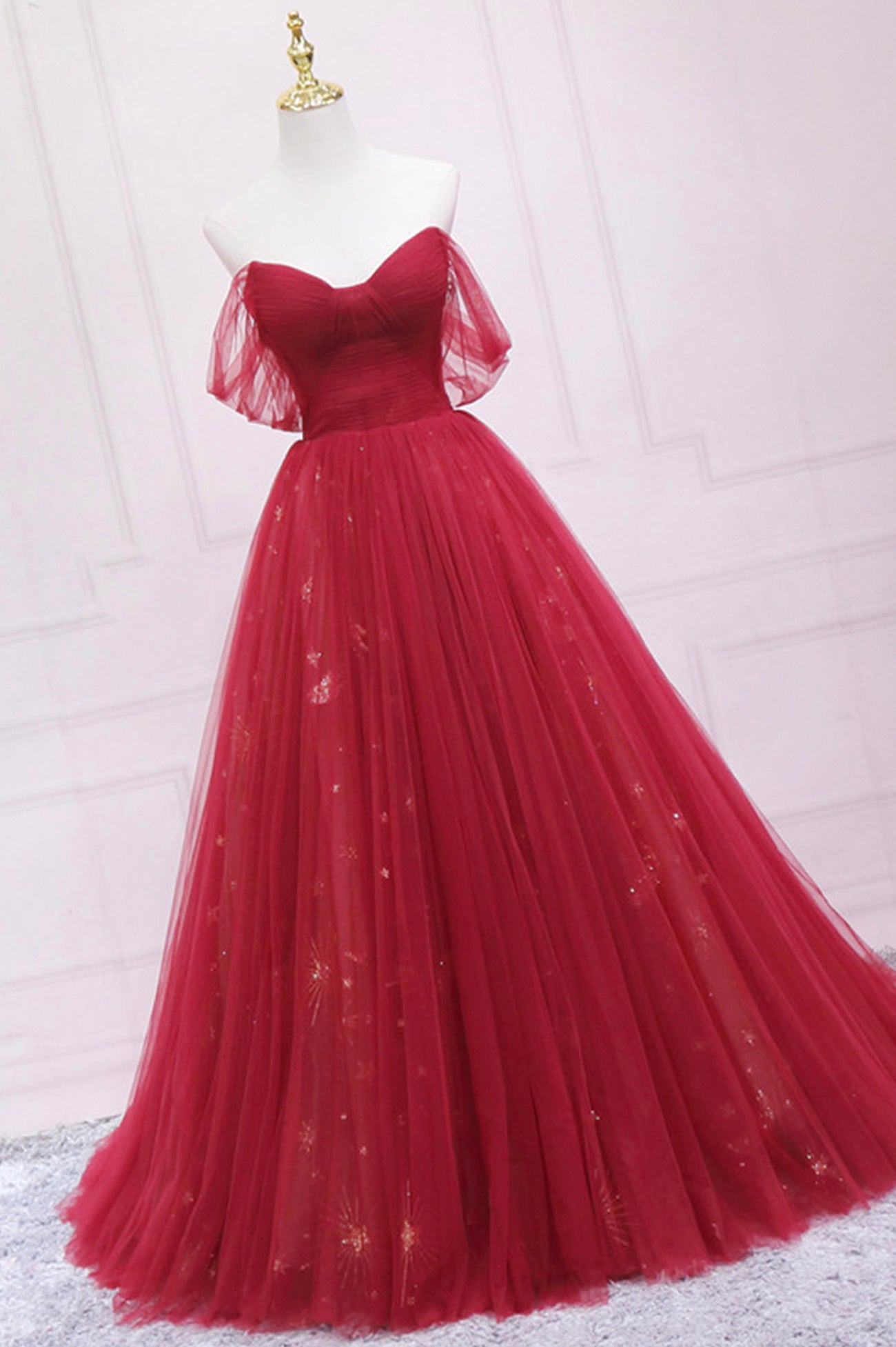 Dark Red Tulle Floor Length Prom Dress, Off the Shoulder Evening Party Dress