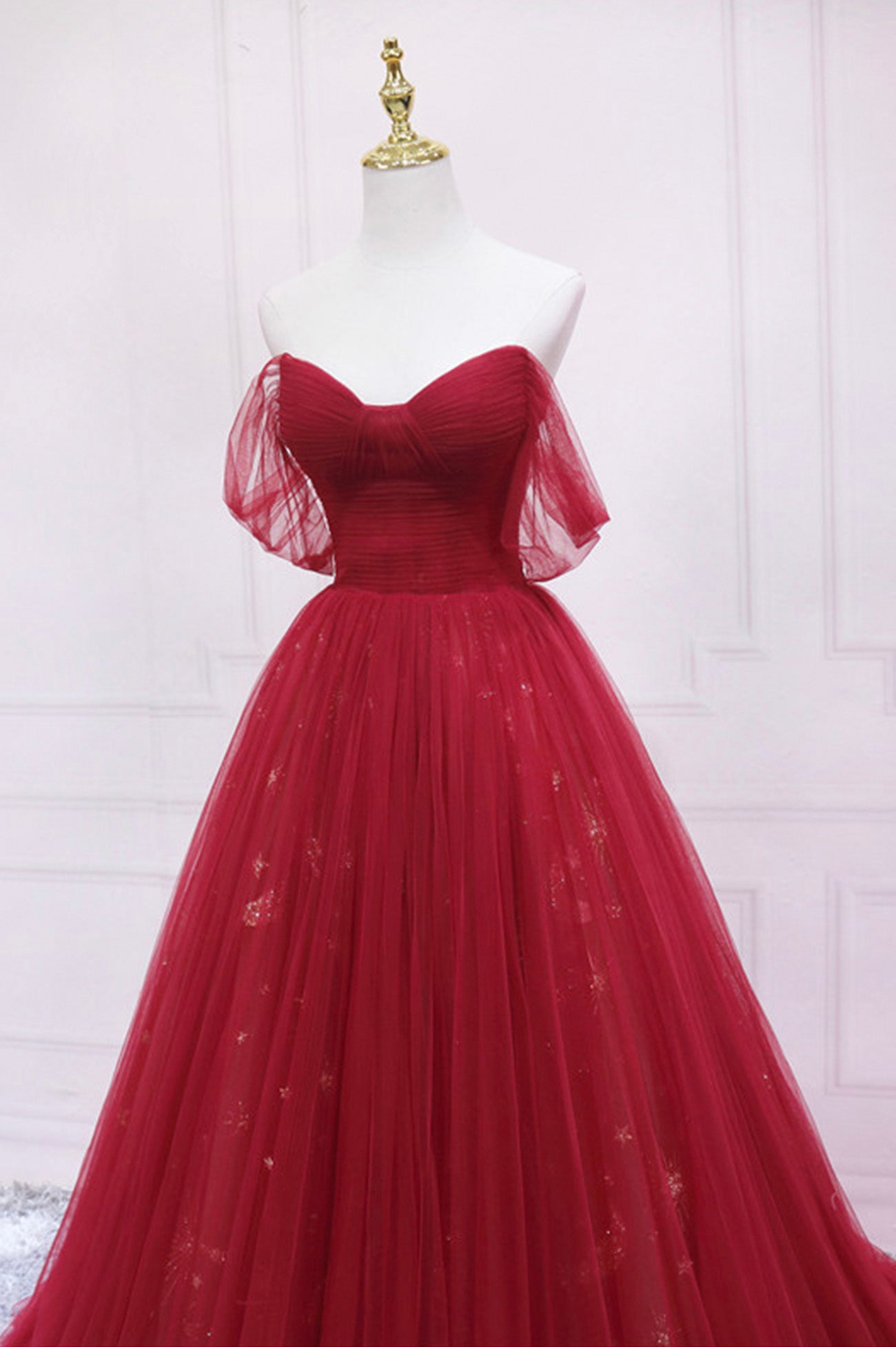Dark Red Tulle Floor Length Prom Dress, Off the Shoulder Evening Party Dress