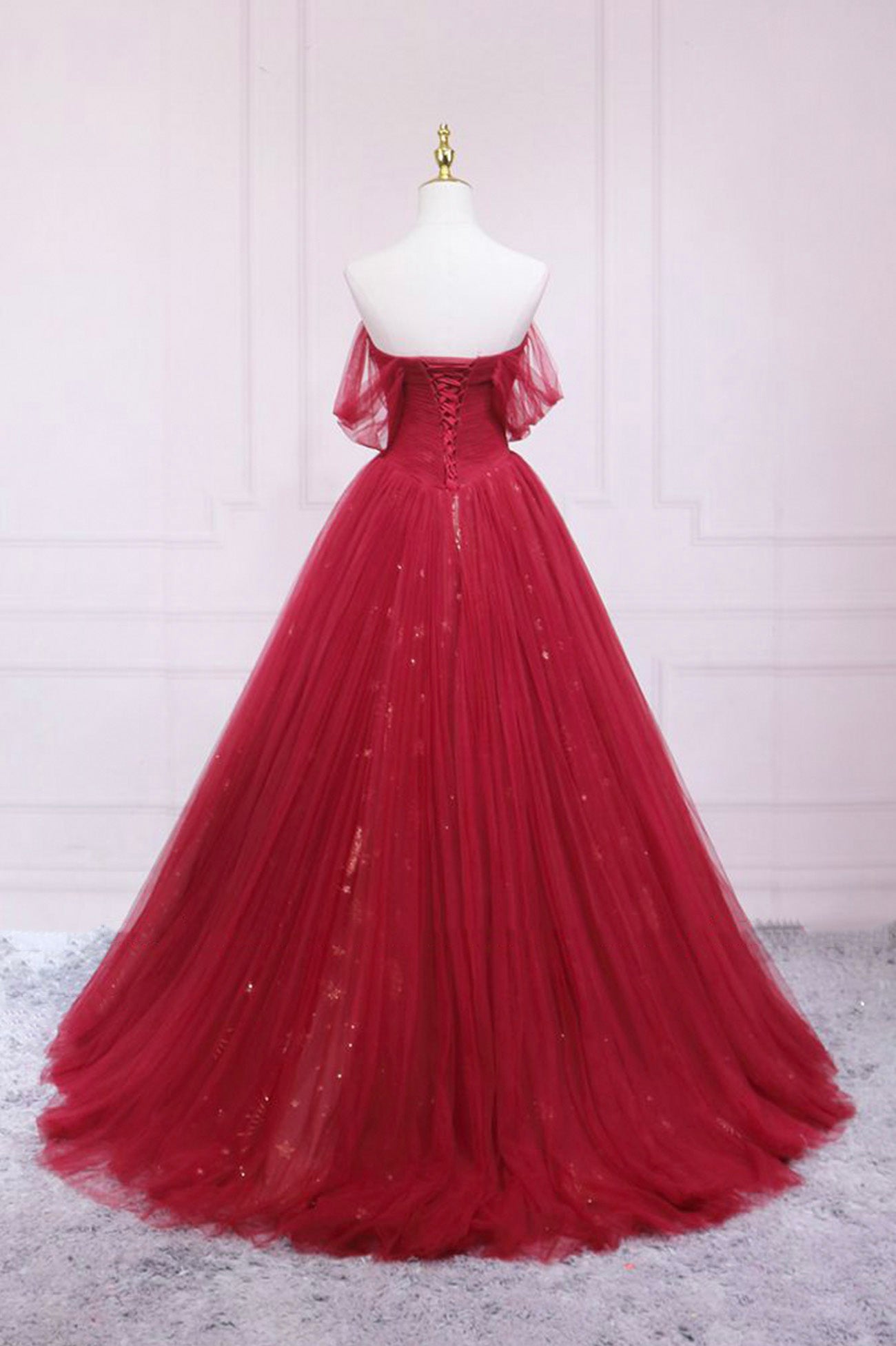 Dark Red Tulle Floor Length Prom Dress, Off the Shoulder Evening Party Dress