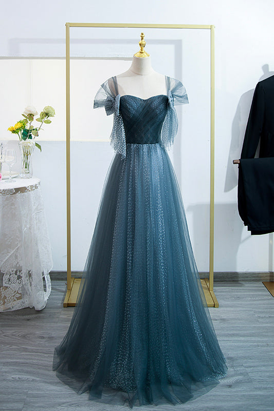 Blue Tulle Long Prom Dress, Blue A-line Evening Party Dress