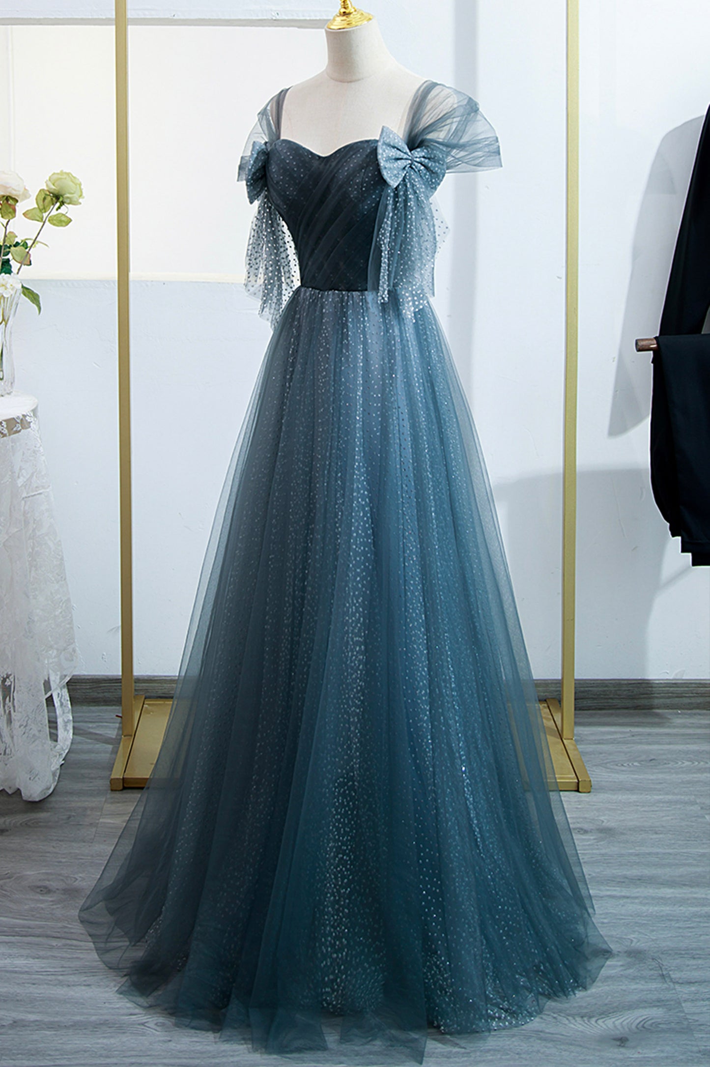 Blue Tulle Long Prom Dress, Blue A-line Evening Party Dress