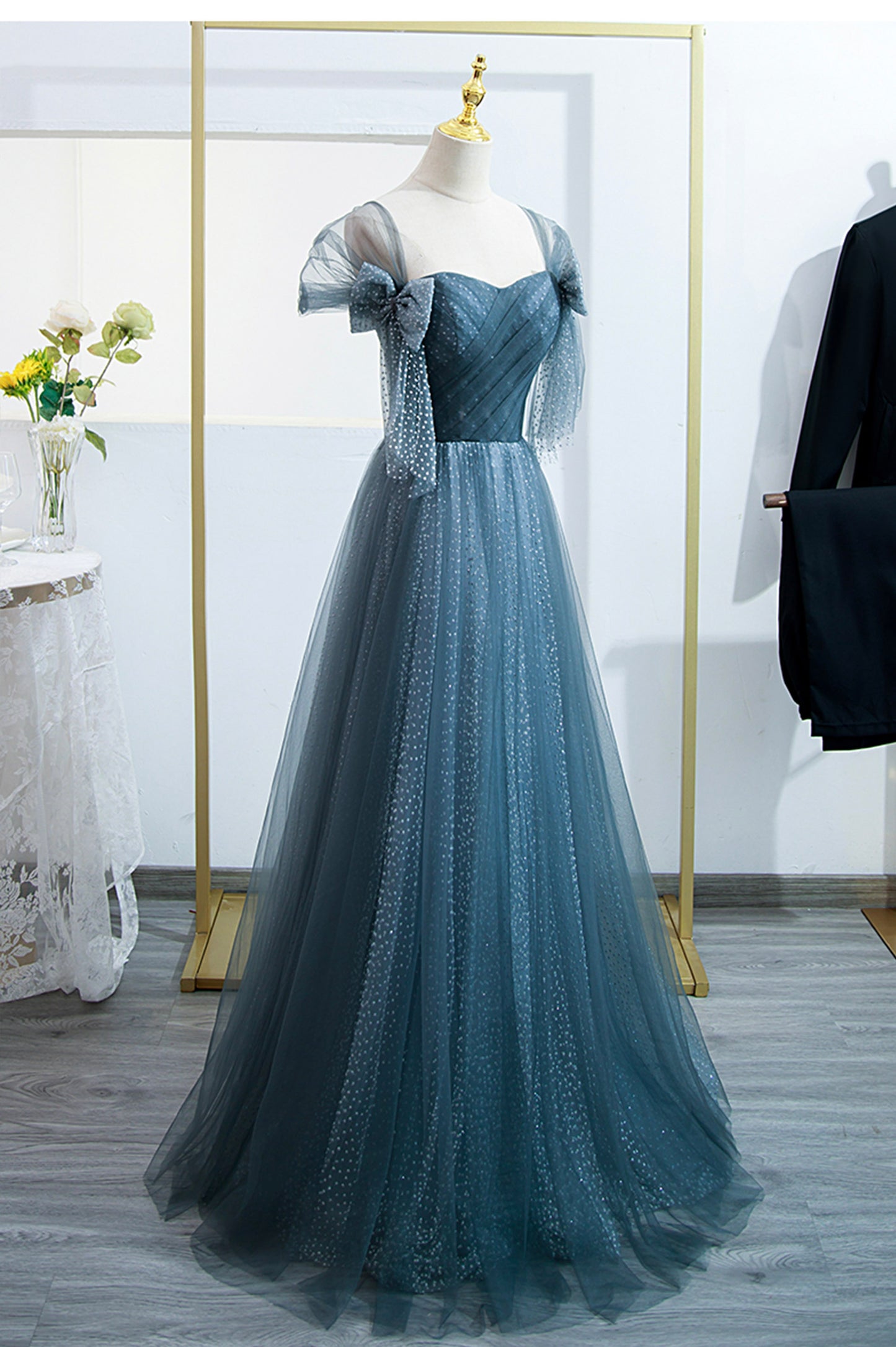 Blue Tulle Long Prom Dress, Blue A-line Evening Party Dress