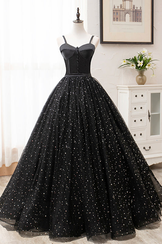 Black Spaghetti Strap Tulle Long Formal Dress