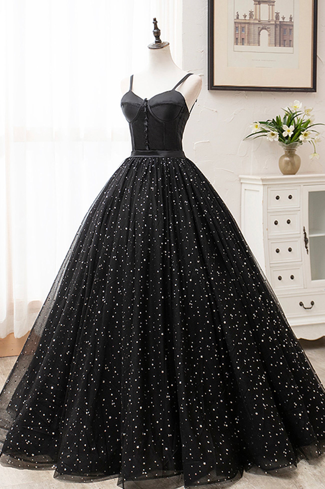 Black Spaghetti Strap Tulle Long Formal Dress
