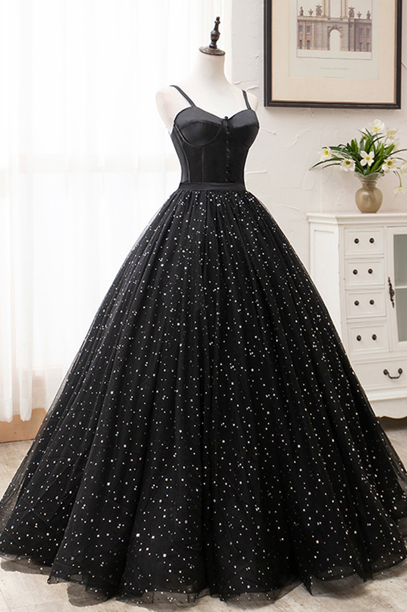 Black Spaghetti Strap Tulle Long Formal Dress