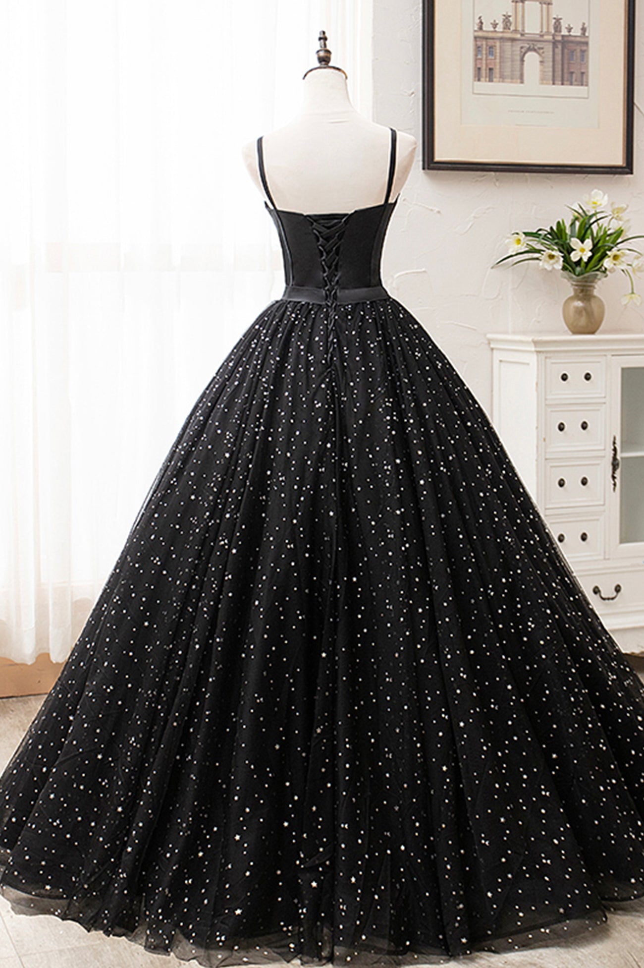 Black Spaghetti Strap Tulle Long Formal Dress