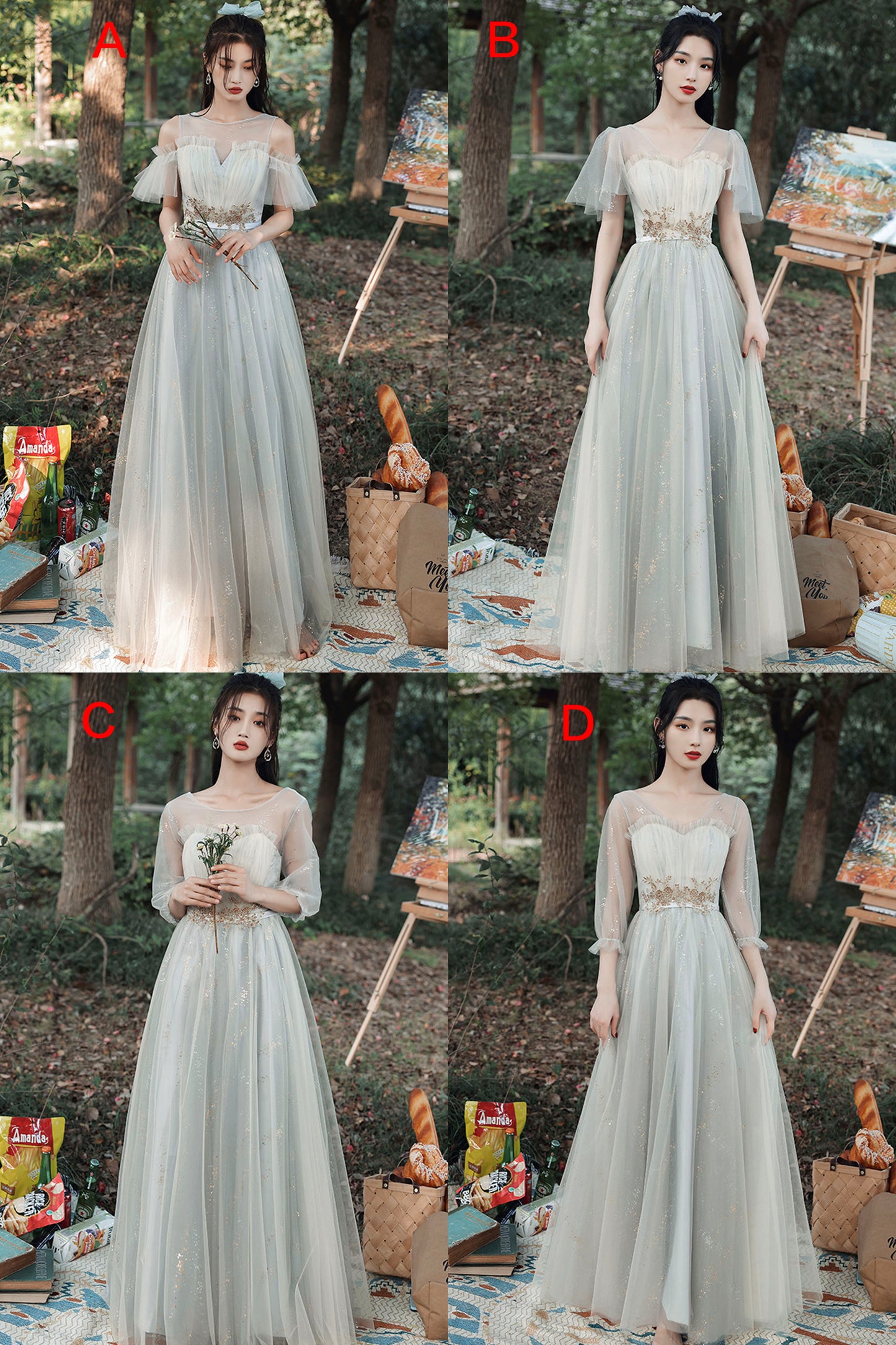 Gray Tulle Lace Long Prom Dress, Cute A-Line Party Dress