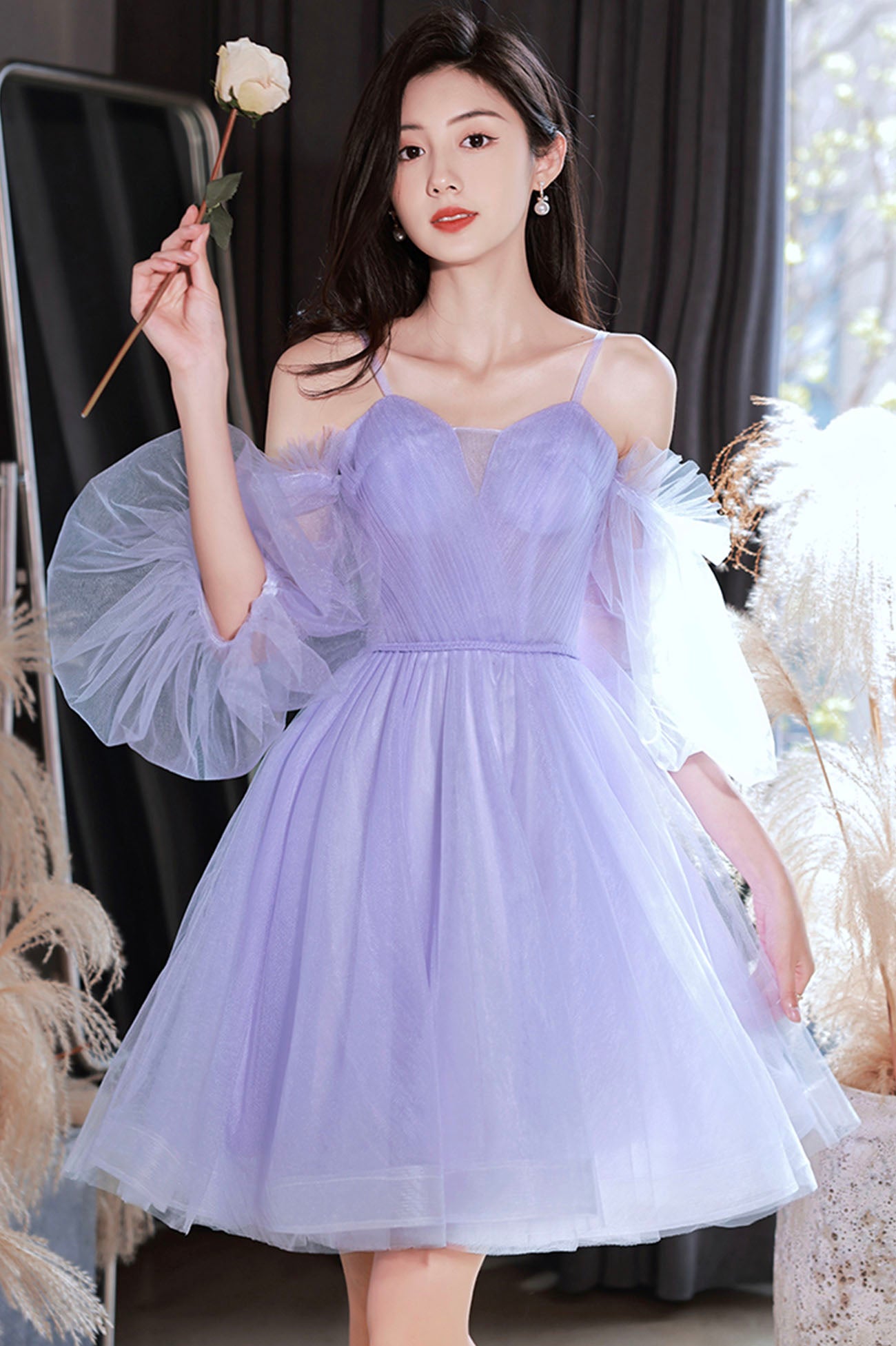 Purple Spaghetti Strap Tulle Short Mini Party Dress