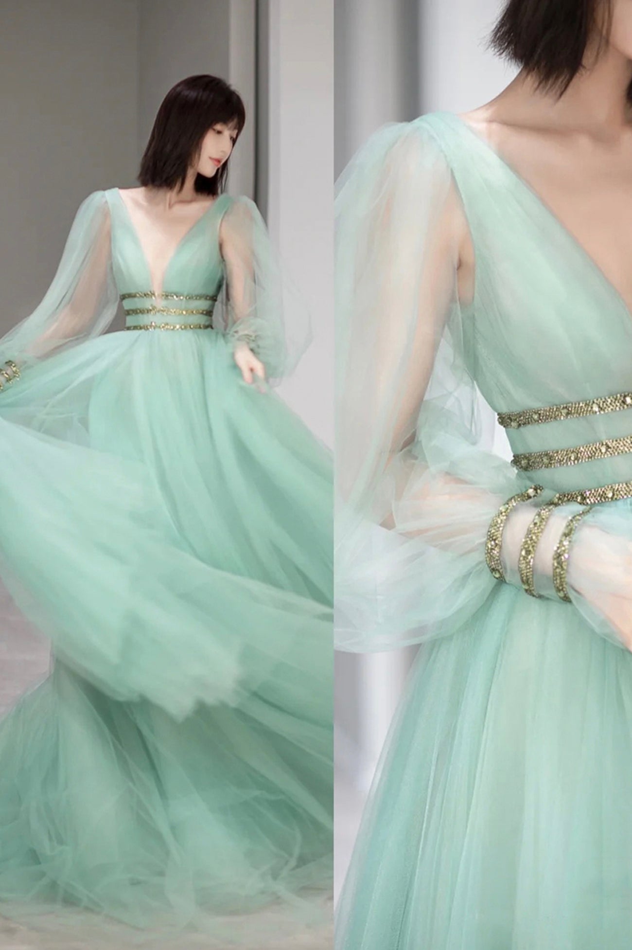 Green V-Neck Tulle Long Prom Dress, A-Line Long Sleeve Evening Dress