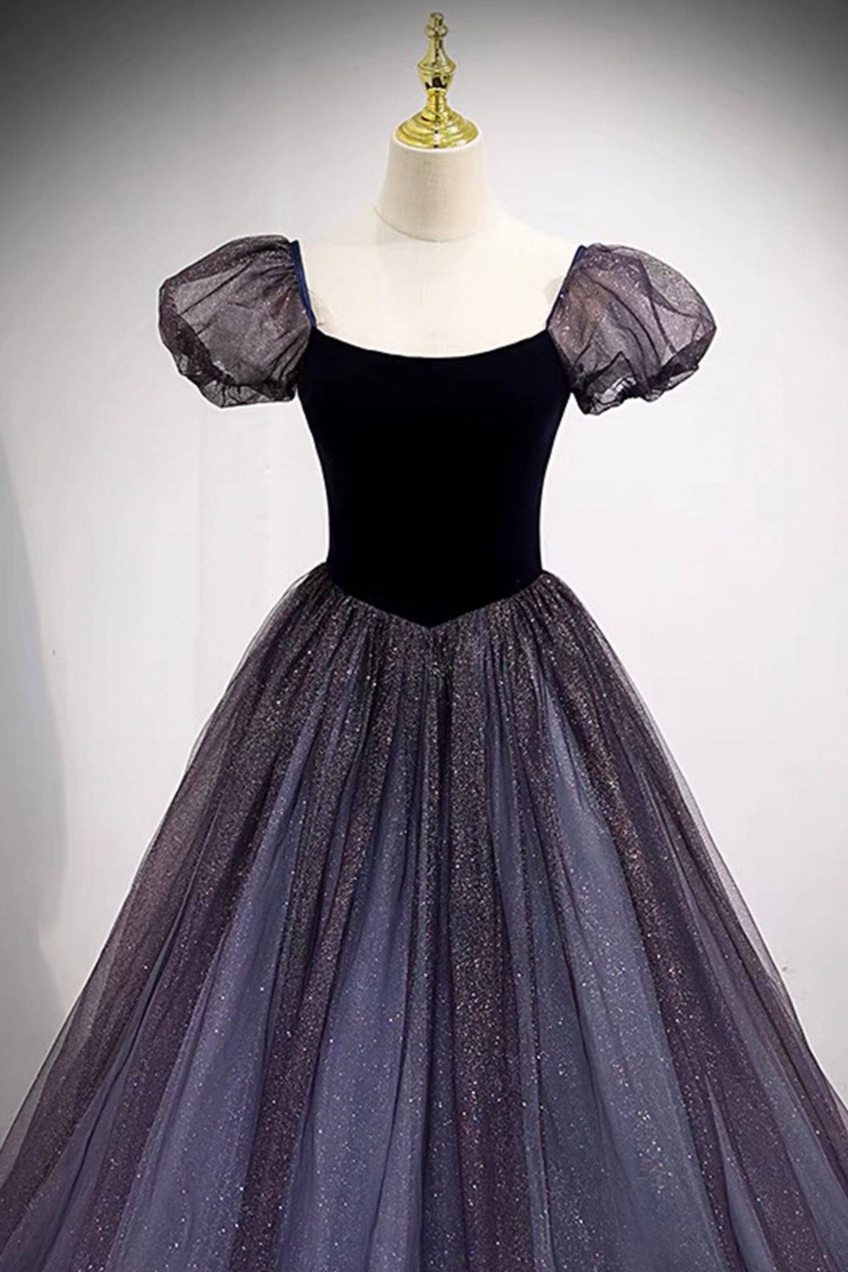 Purple Tulle and Velvet Floor Length Beautiful Prom Dress