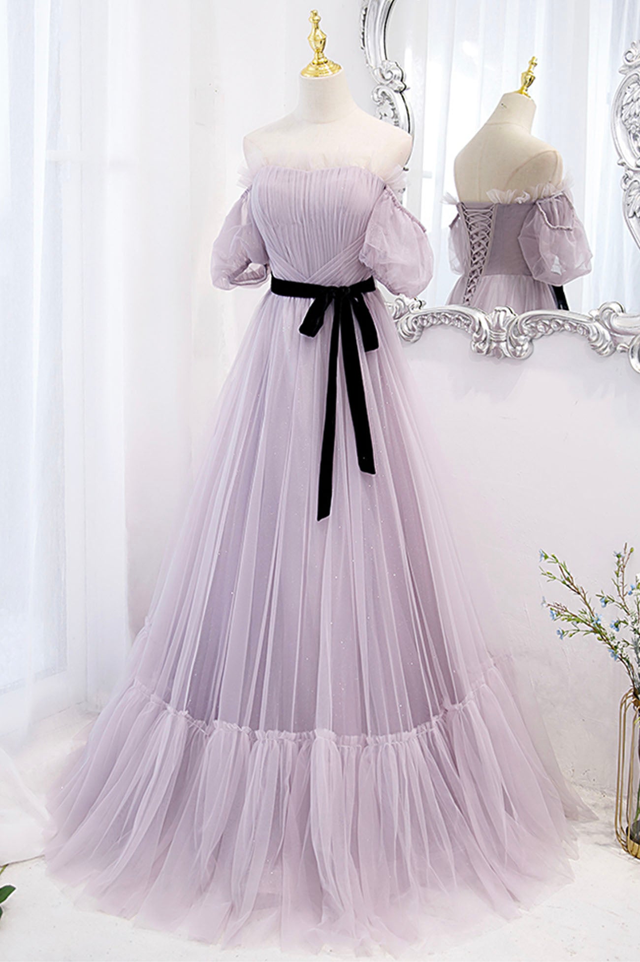 Purple Strapless Tulle Long Prom Dress, Off the Shoulder Evening Dress