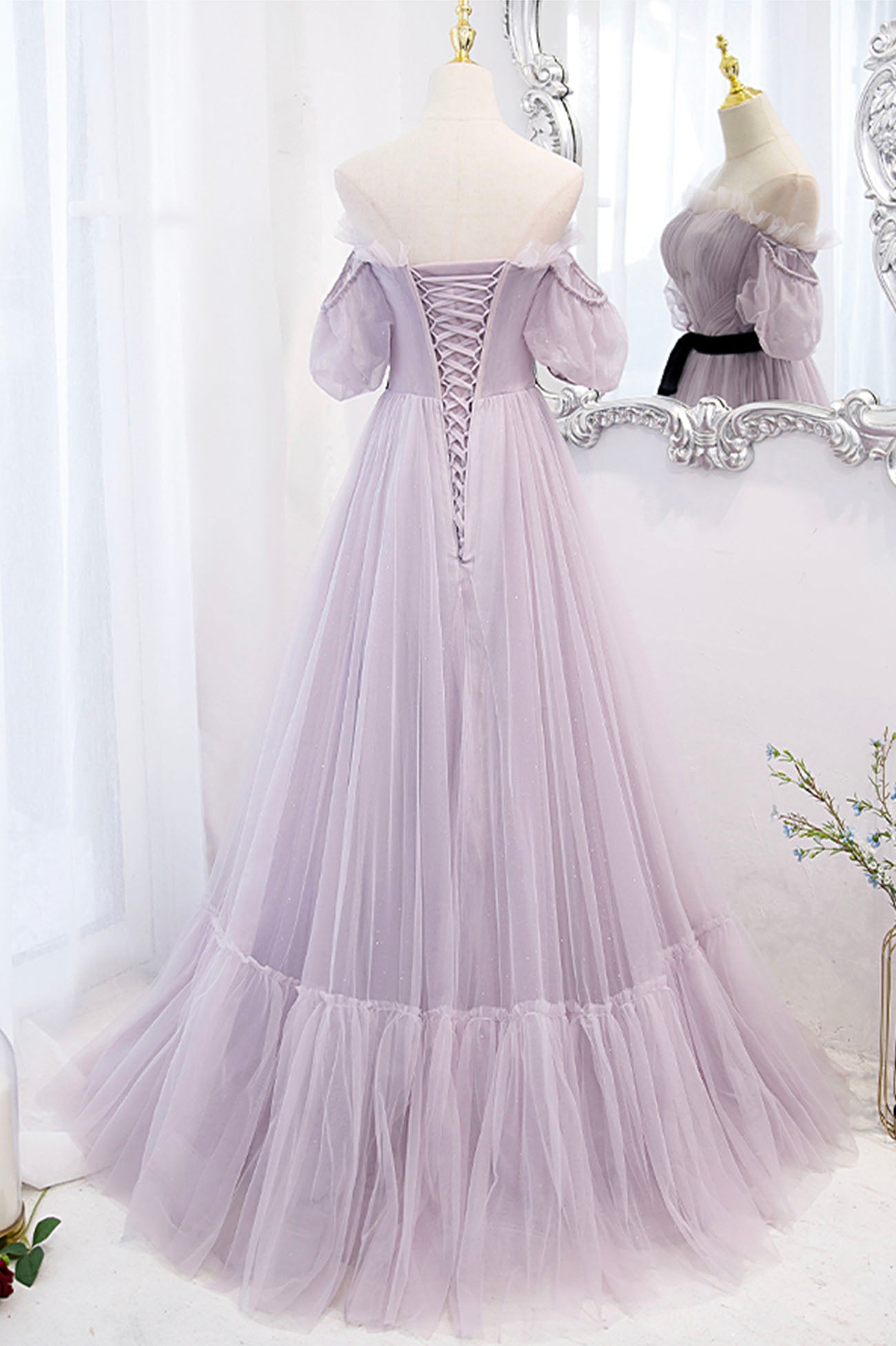 Purple Strapless Tulle Long Prom Dress, Off the Shoulder Evening Dress