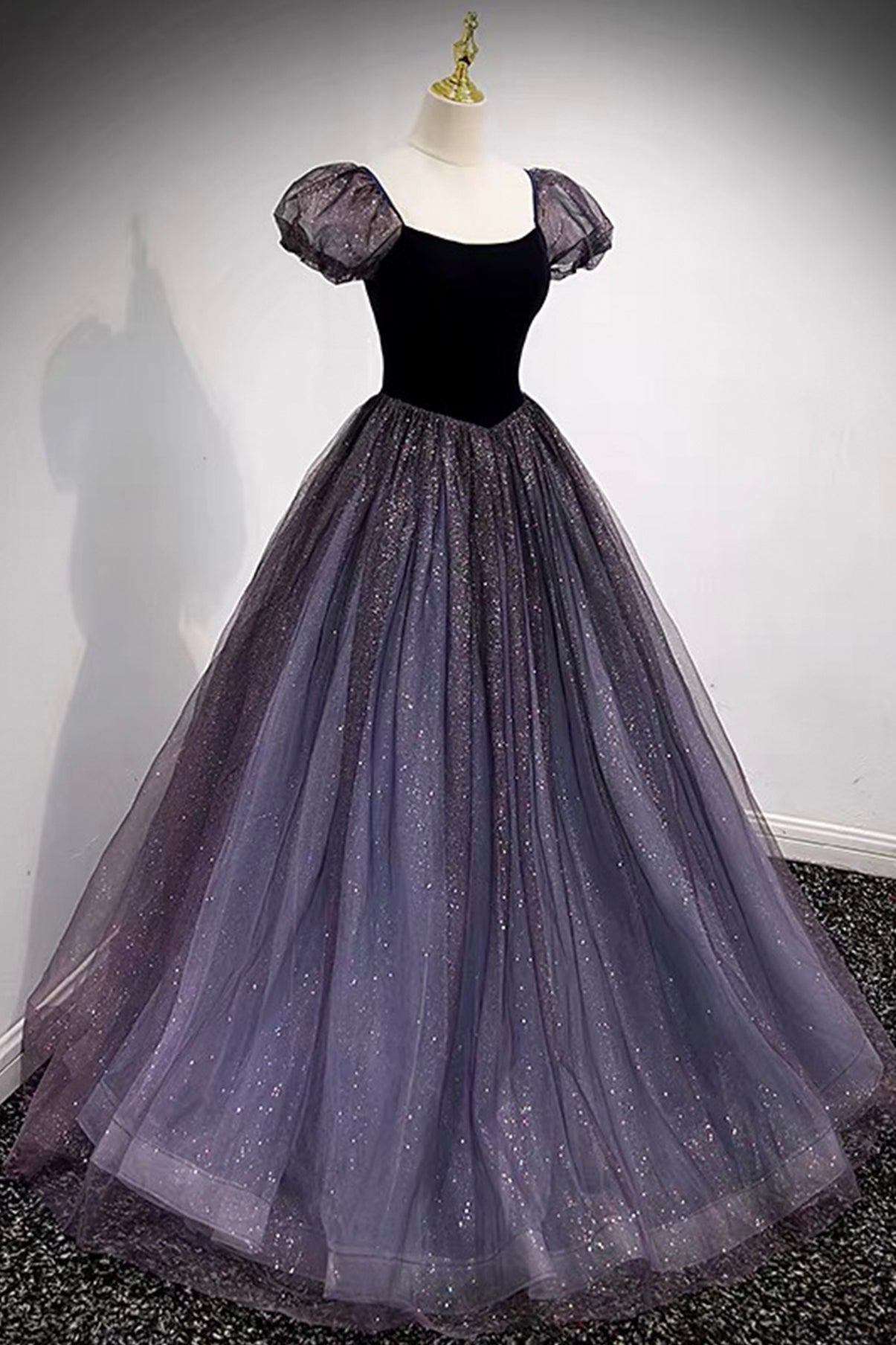 Purple Tulle and Velvet Floor Length Beautiful Prom Dress