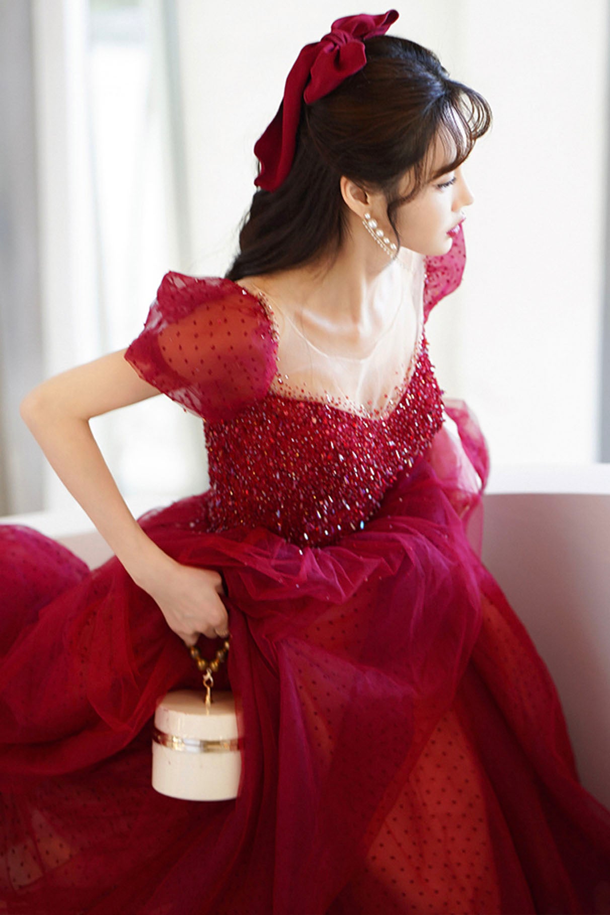 Burgundy Tulle Beaded Long Prom Dress, Beautiful A-Line Party Dress
