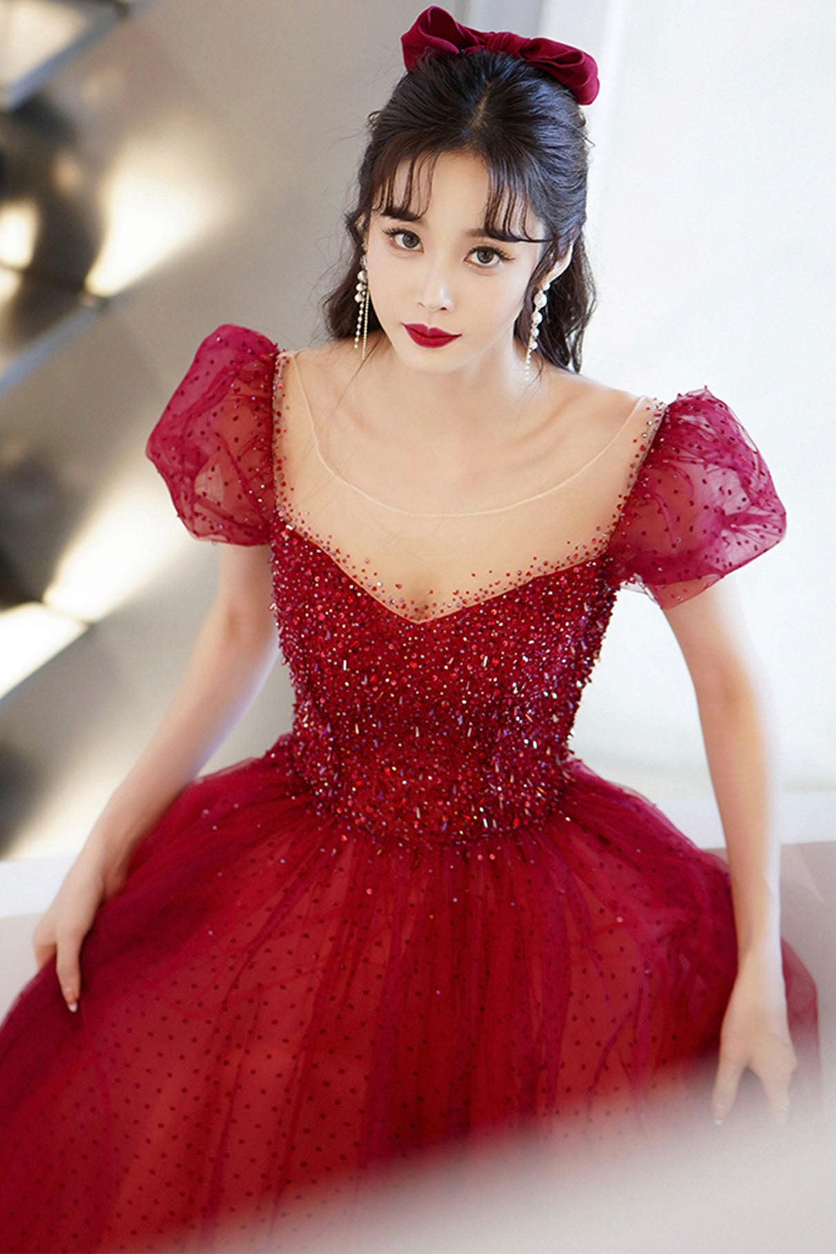 Burgundy Tulle Beaded Long Prom Dress, Beautiful A-Line Party Dress