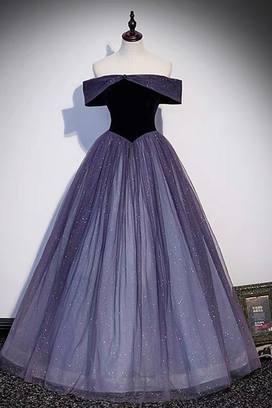 Purple Tulle and Velvet Floor Length Prom Dress