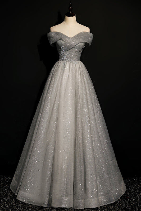 Gray Tulle Off the Shoulder Floor Length Prom Dress