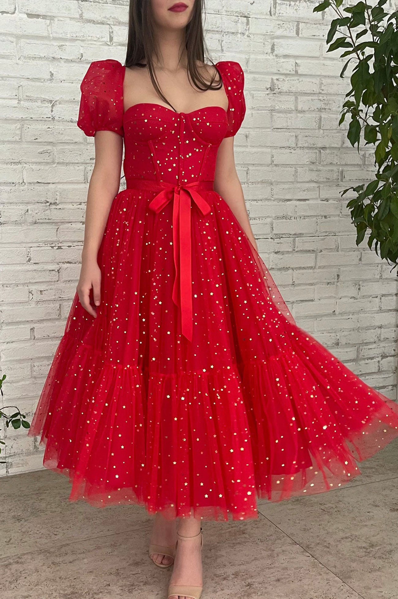 Pink Short Sleeve Tulle Evening Party Dress