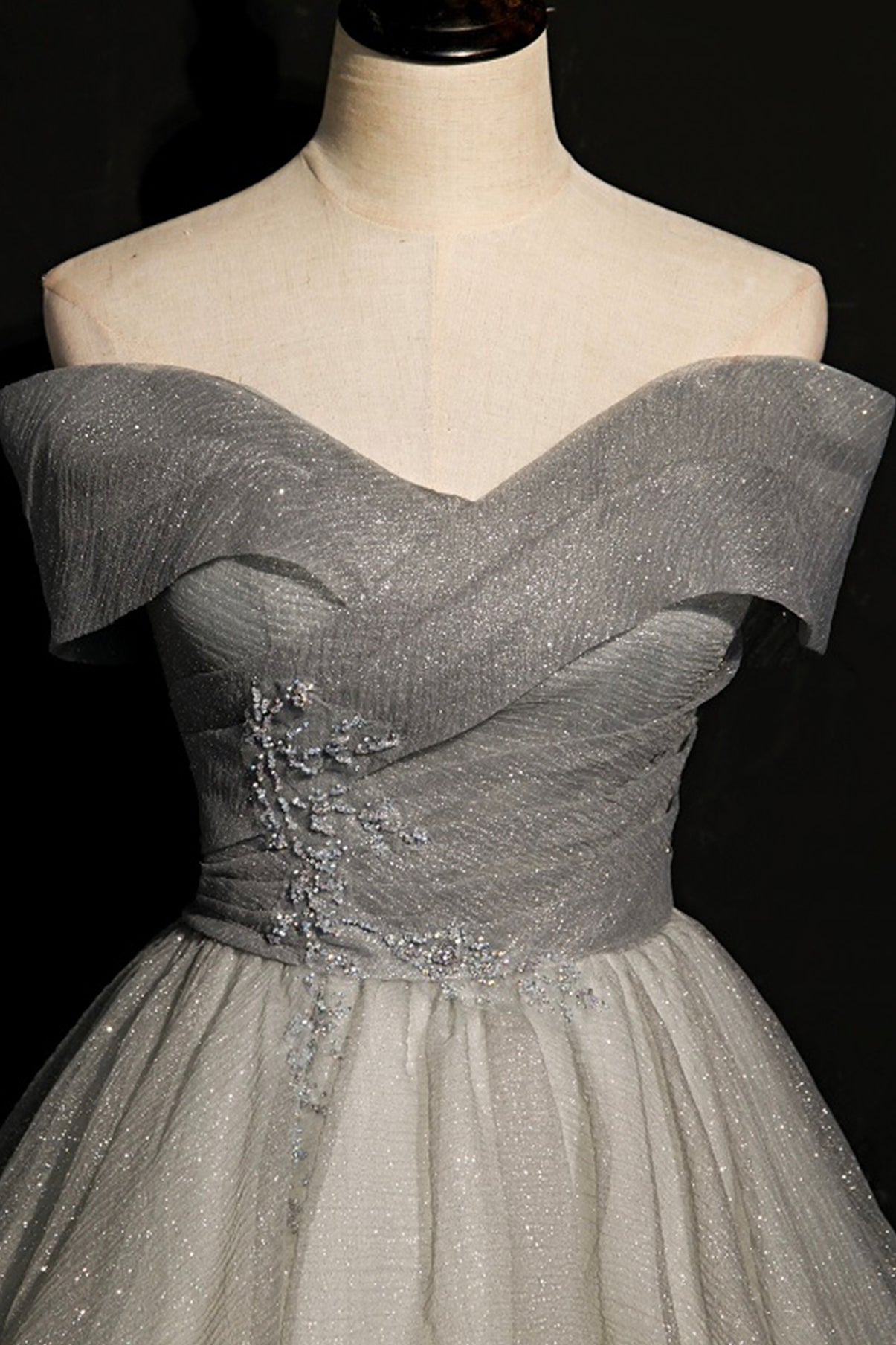 Gray Tulle Off the Shoulder Floor Length Prom Dress